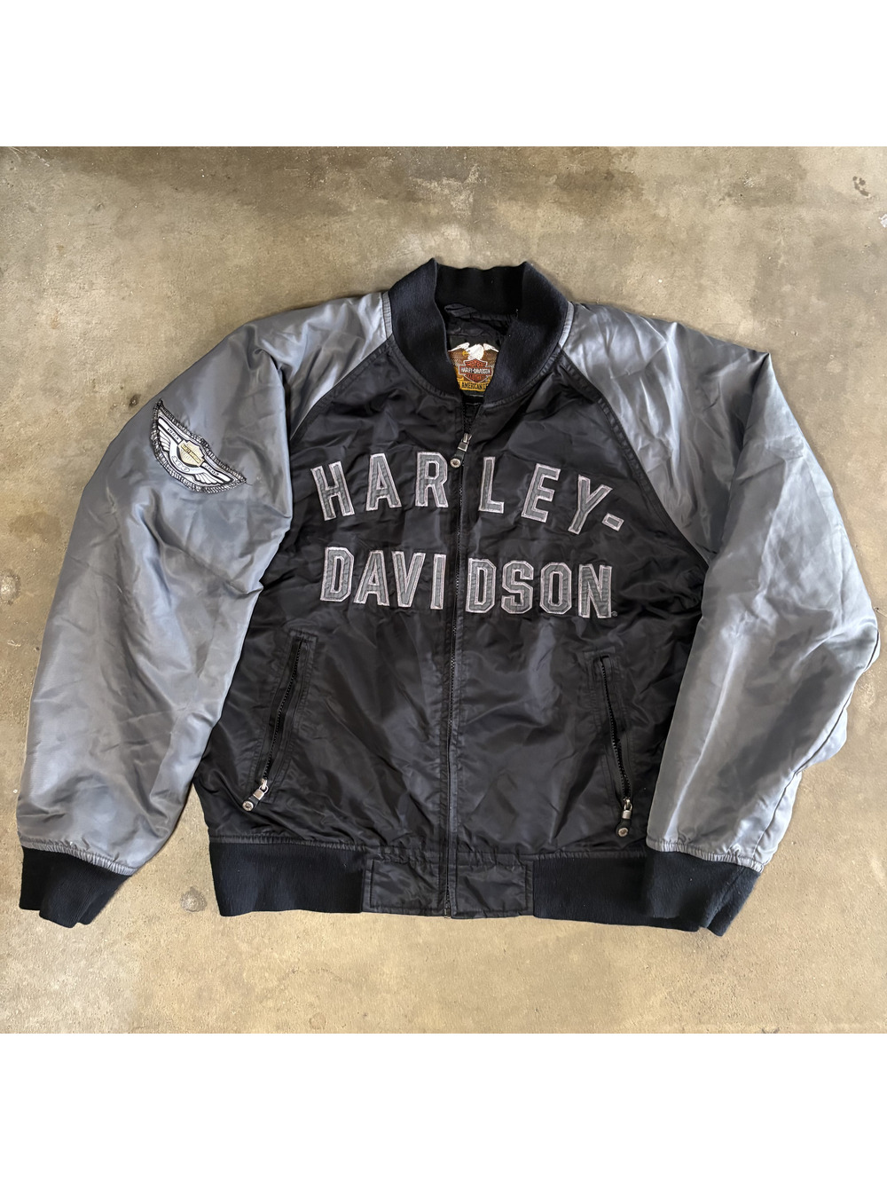Y2K Harley Davidson 100th Anniversary Men Sz L Satin Bomber Jacket Black & Grey